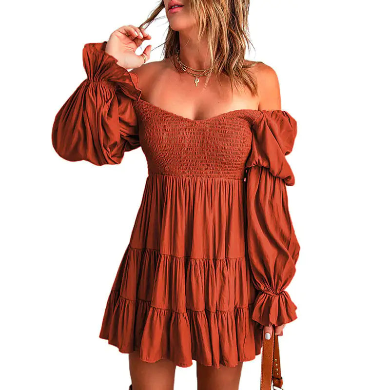 Pure Color Ruffled Square Collar Long Sleeve Dress