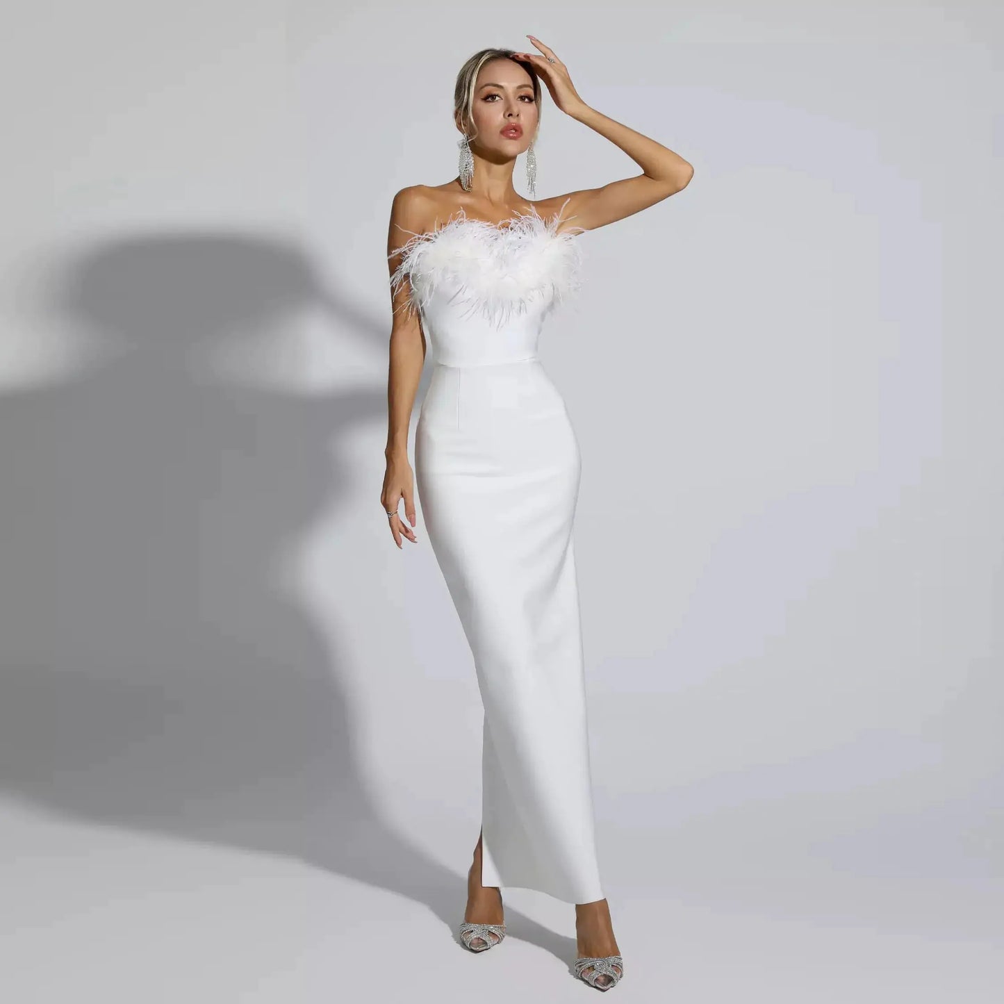 Feather-Trim Sequin Gown