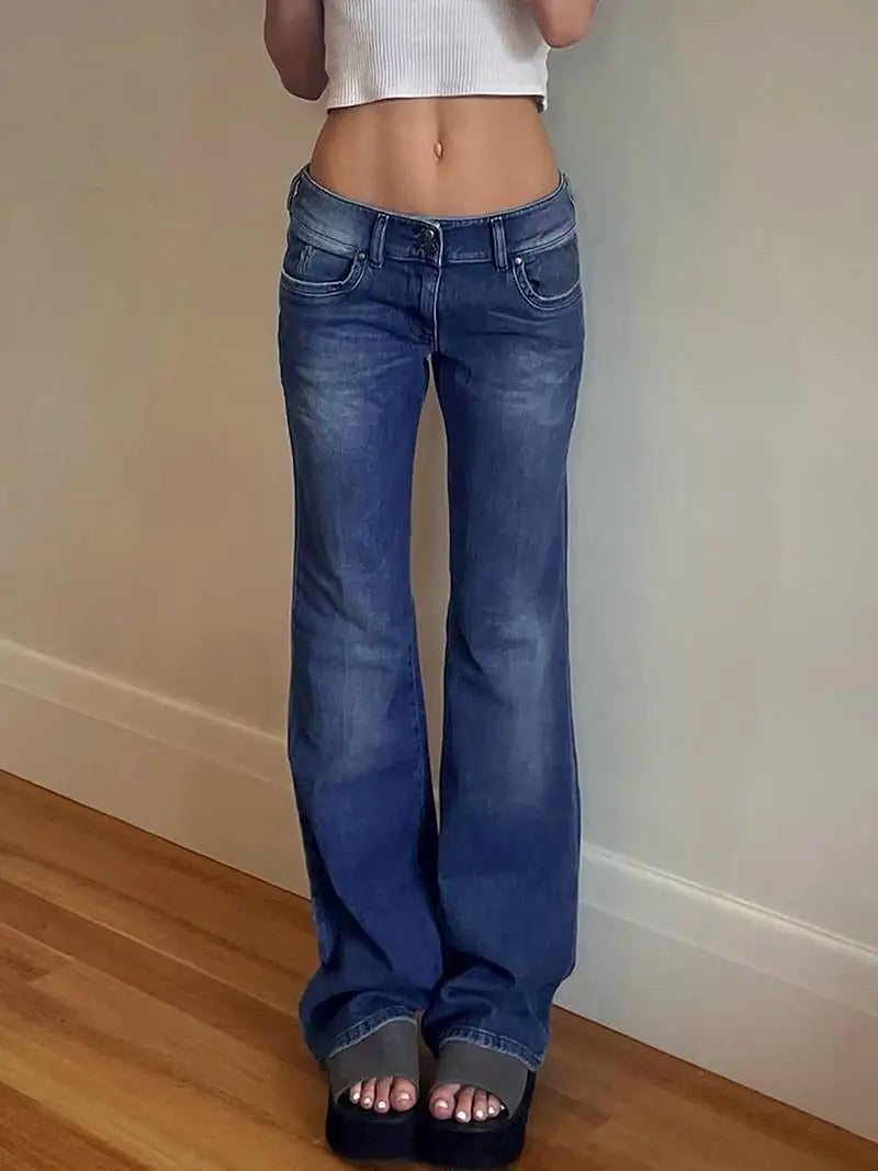 High-Stretch Blue Wide-Leg Denim Pants with Pockets