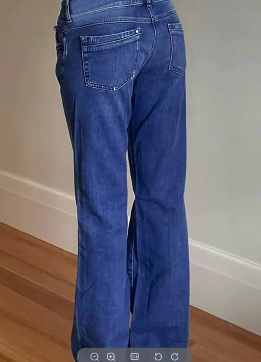 High-Stretch Blue Wide-Leg Denim Pants with Pockets