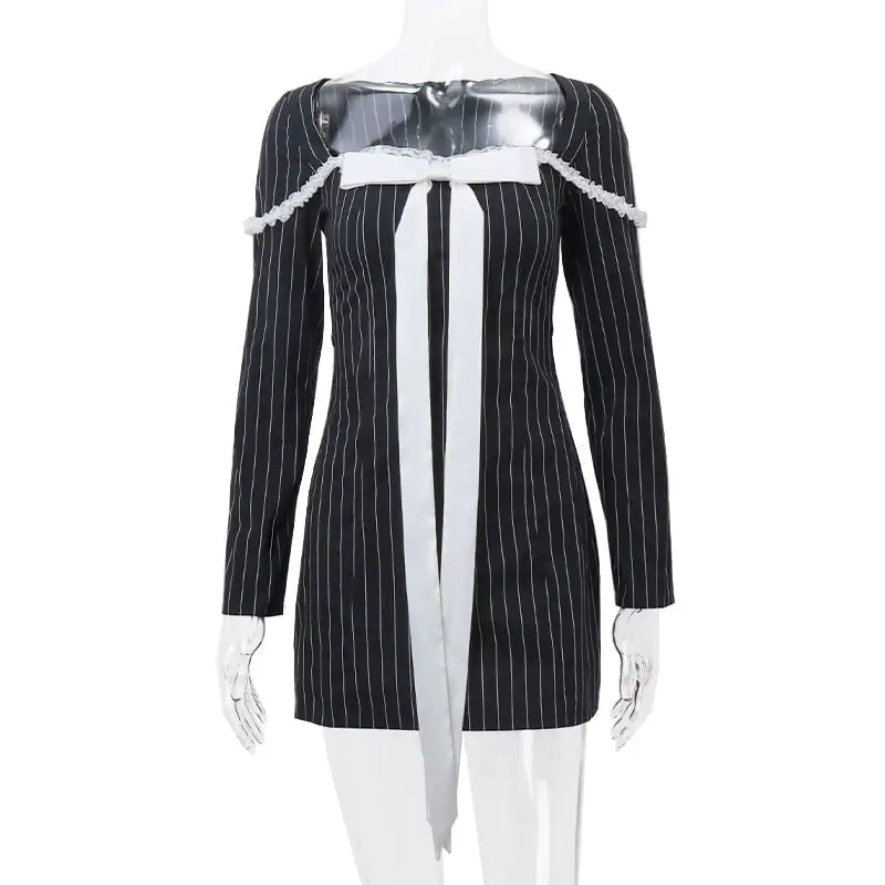 Elegant Striped Long Sleeve Dress with Square Collar