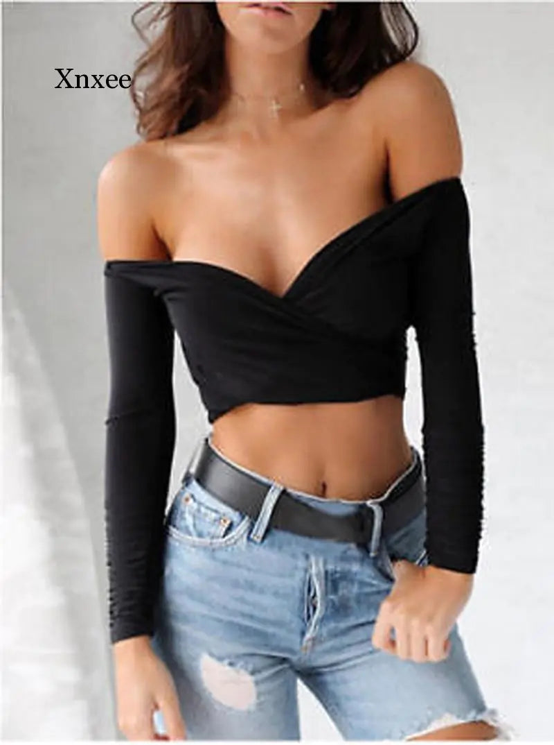 Summer Women's Off Shoulder V Neck Crop Top (S-XL)