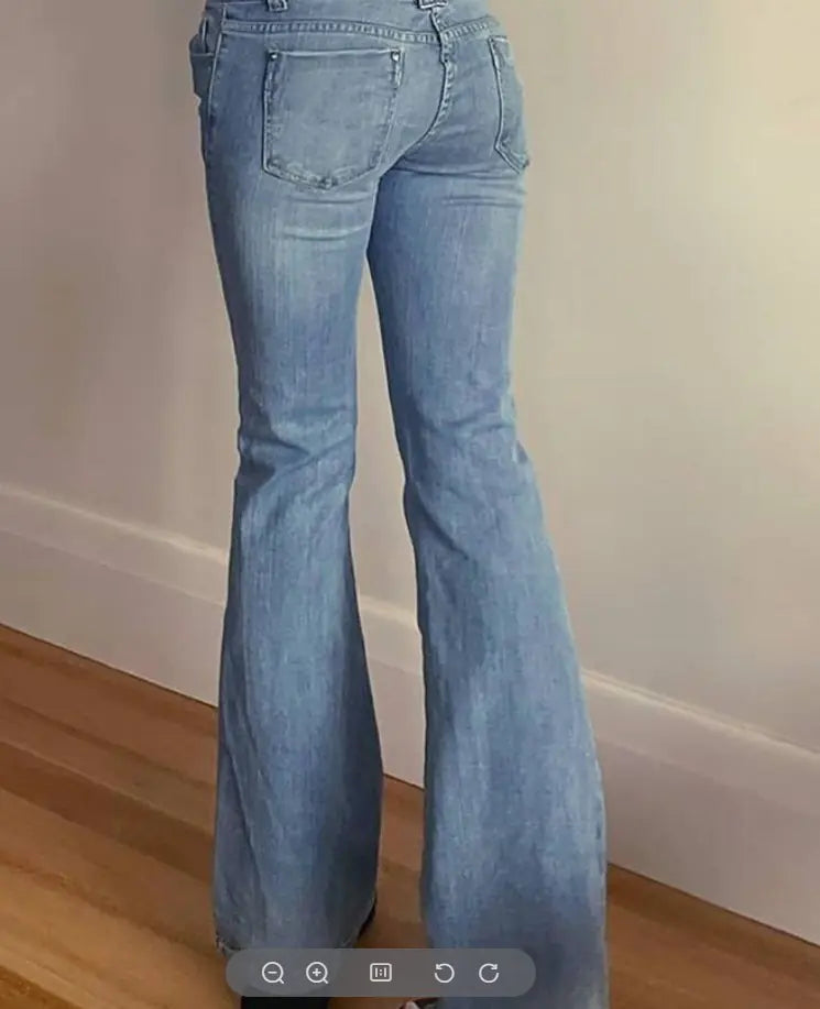 High-Stretch Blue Wide-Leg Denim Pants with Pockets