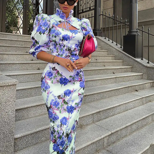 Slim-fit Stand Collar Midi Printed Dress for Women