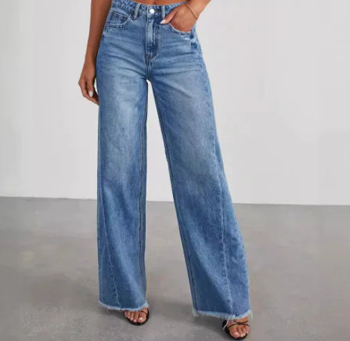 High Waist Blue Loose Fit Straight Denim Pants for Women