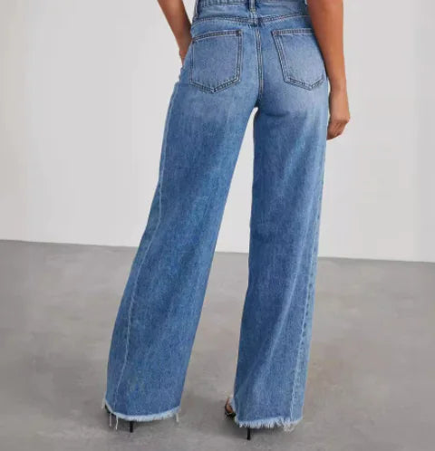 High Waist Blue Loose Fit Straight Denim Pants for Women