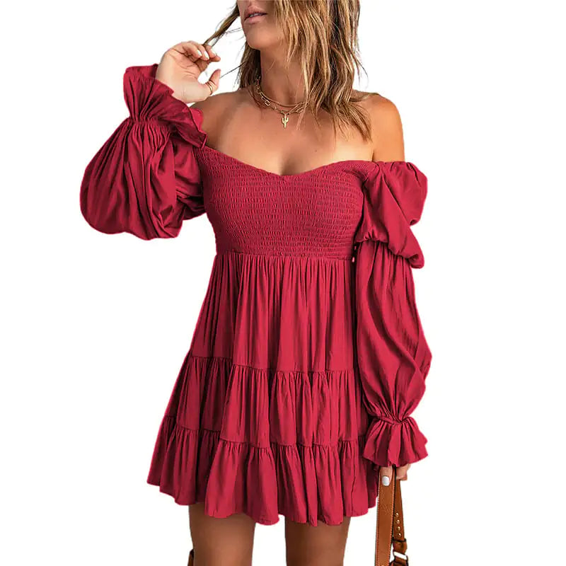 Pure Color Ruffled Square Collar Long Sleeve Dress