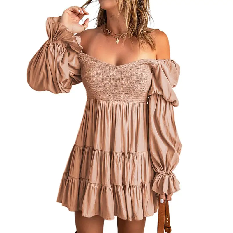 Pure Color Ruffled Square Collar Long Sleeve Dress