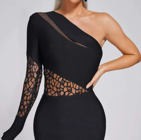 Elegant Lace-Panel One-Shoulder Classic Black Dress