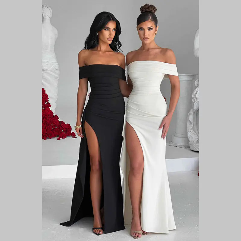 JY23452 Elegant Off-Shoulder Split Long Dress for Fall