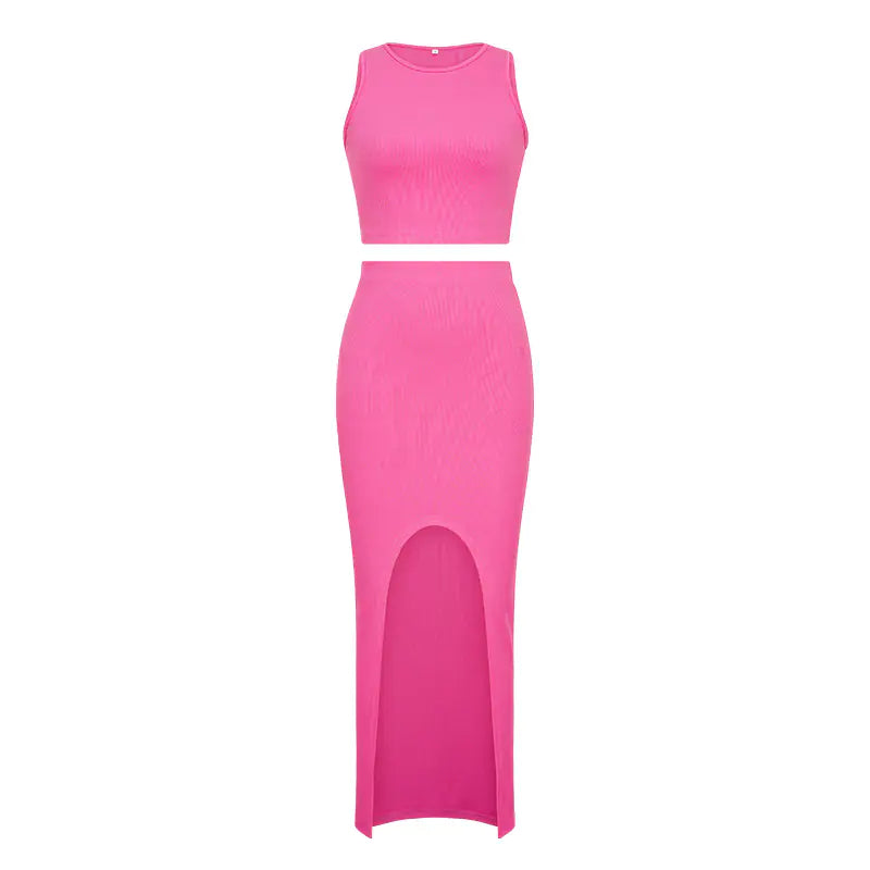 Summer Two-Piece Dress Set with Slim Crop Top and Skirt