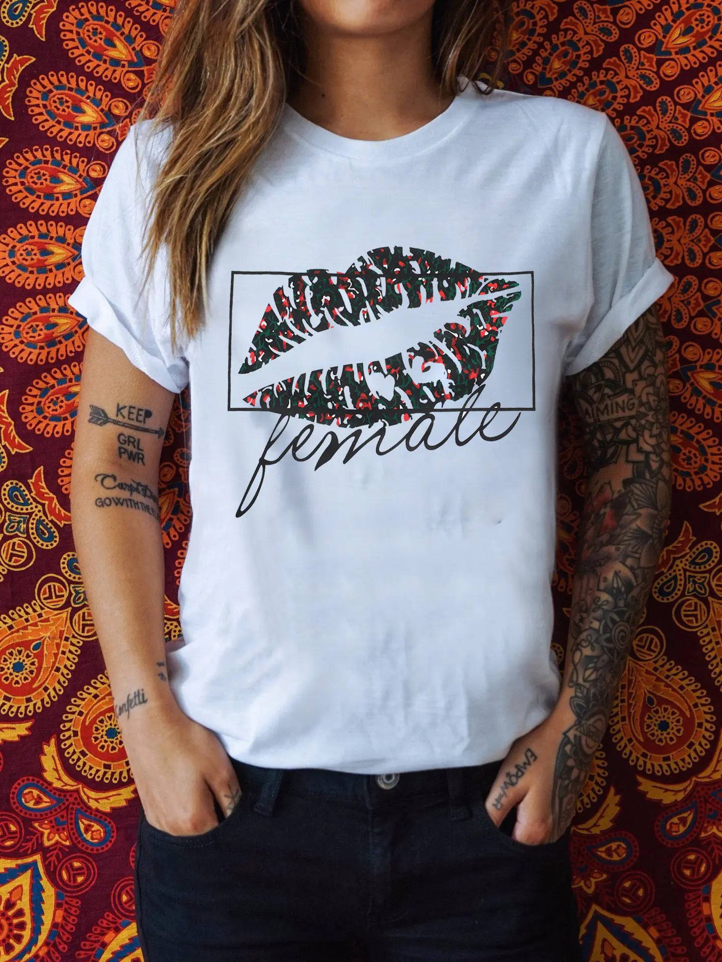 Lip Print T-Shirt, Graphic Tee, Casual Top