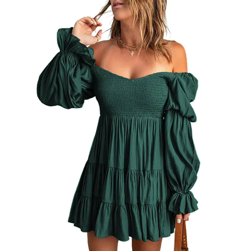 Pure Color Ruffled Square Collar Long Sleeve Dress