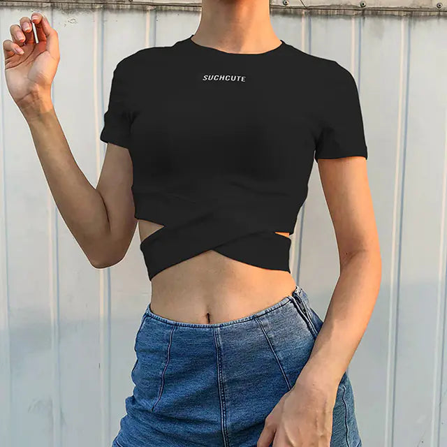 Summer Sexy Letter Print Slim Hollow Crop Top for Women
