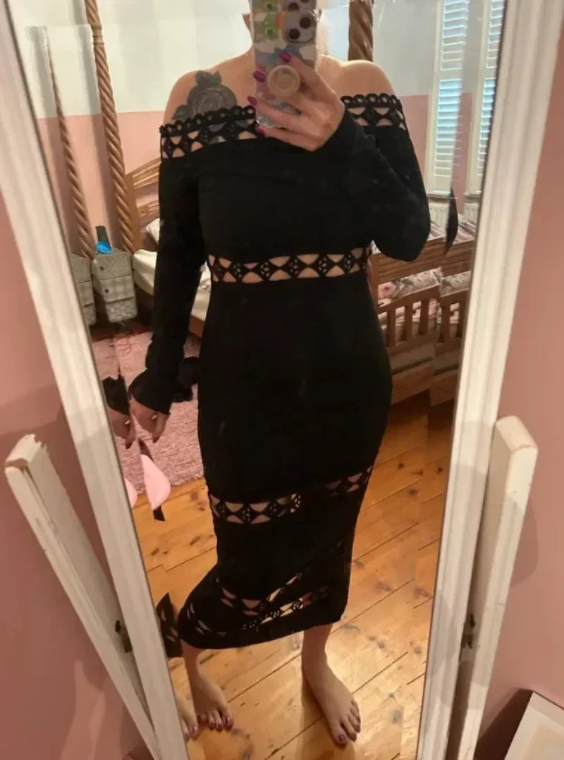 Black Lace Off-Shoulder Midi Dress