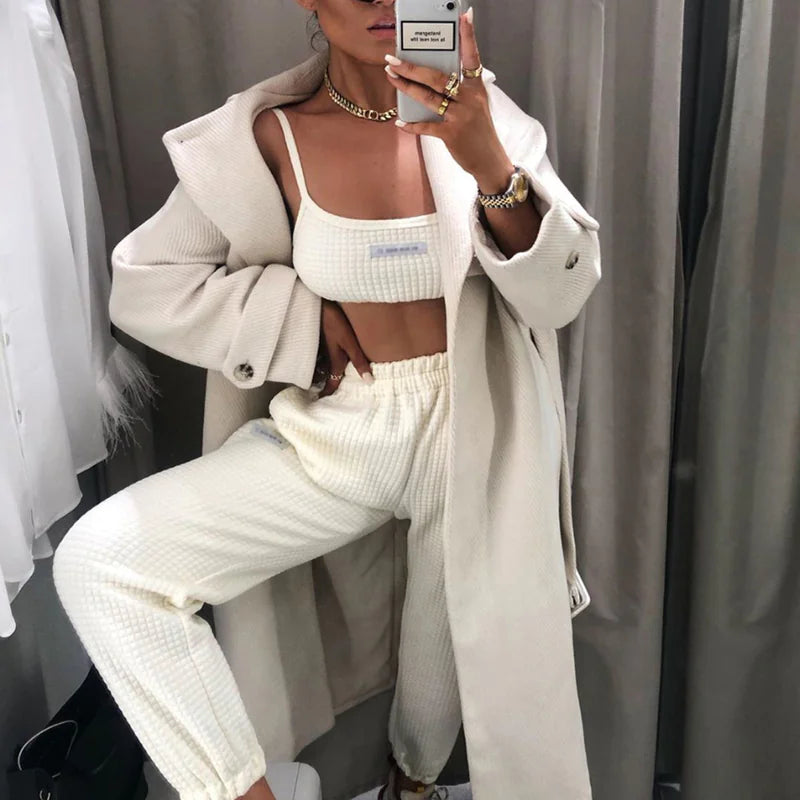 Solid Color Crew Neck Short Top & Beige Sports Set