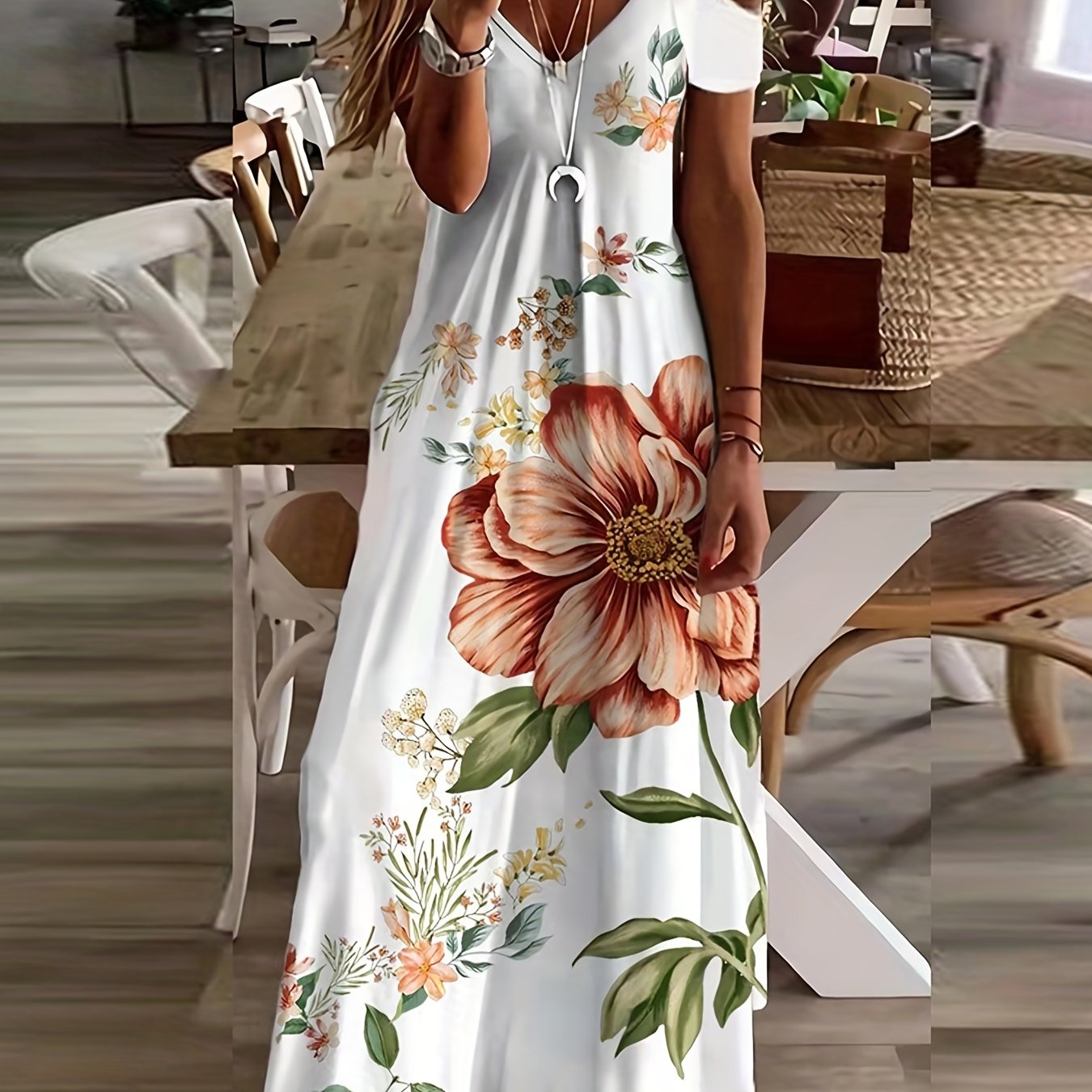 Floral Print V-Neck Maxi Dress