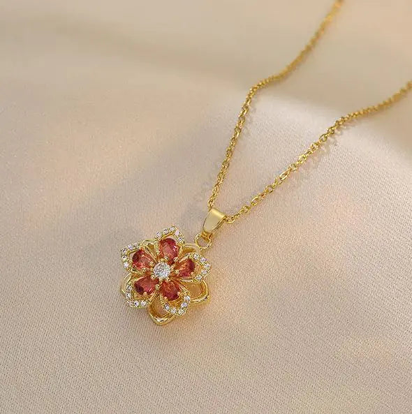 Rotating Zircon Flower Necklace