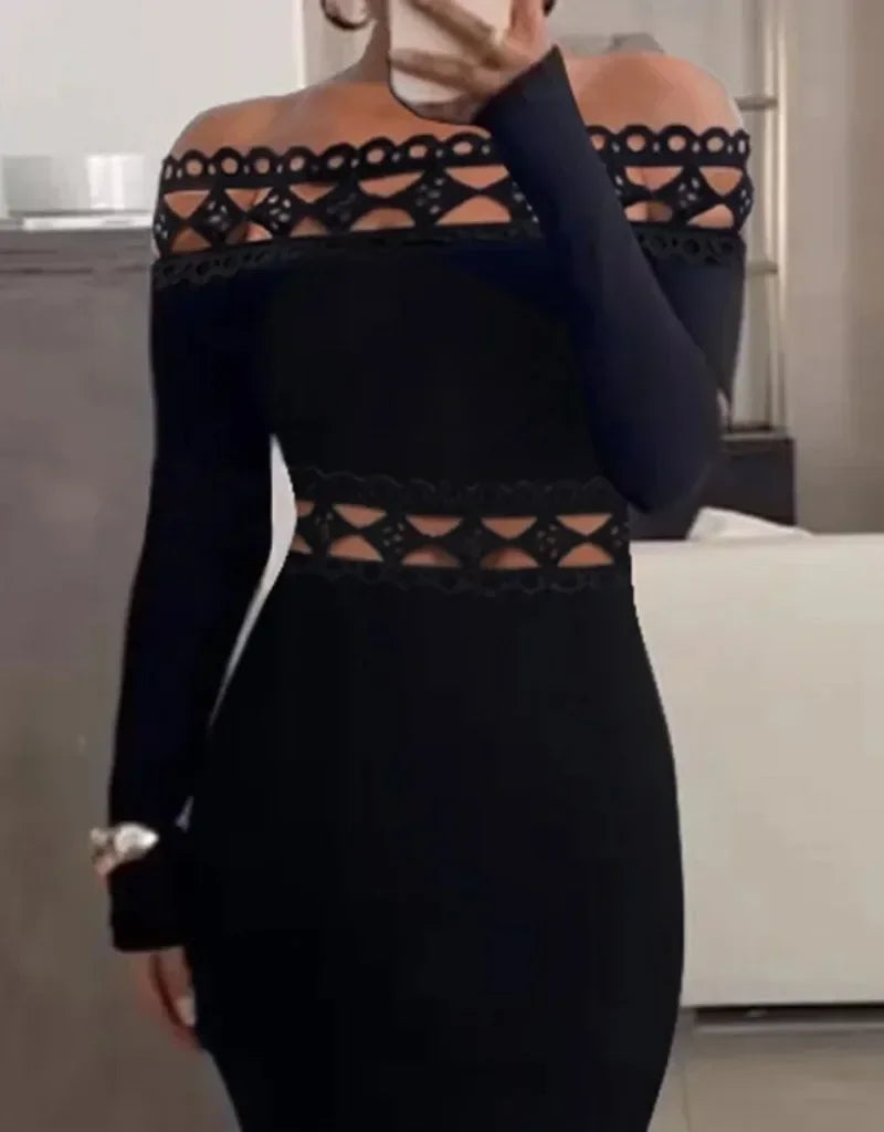Black Lace Off-Shoulder Midi Dress