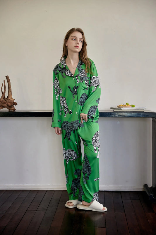 Green Leopard Printed Silk Sleepwear