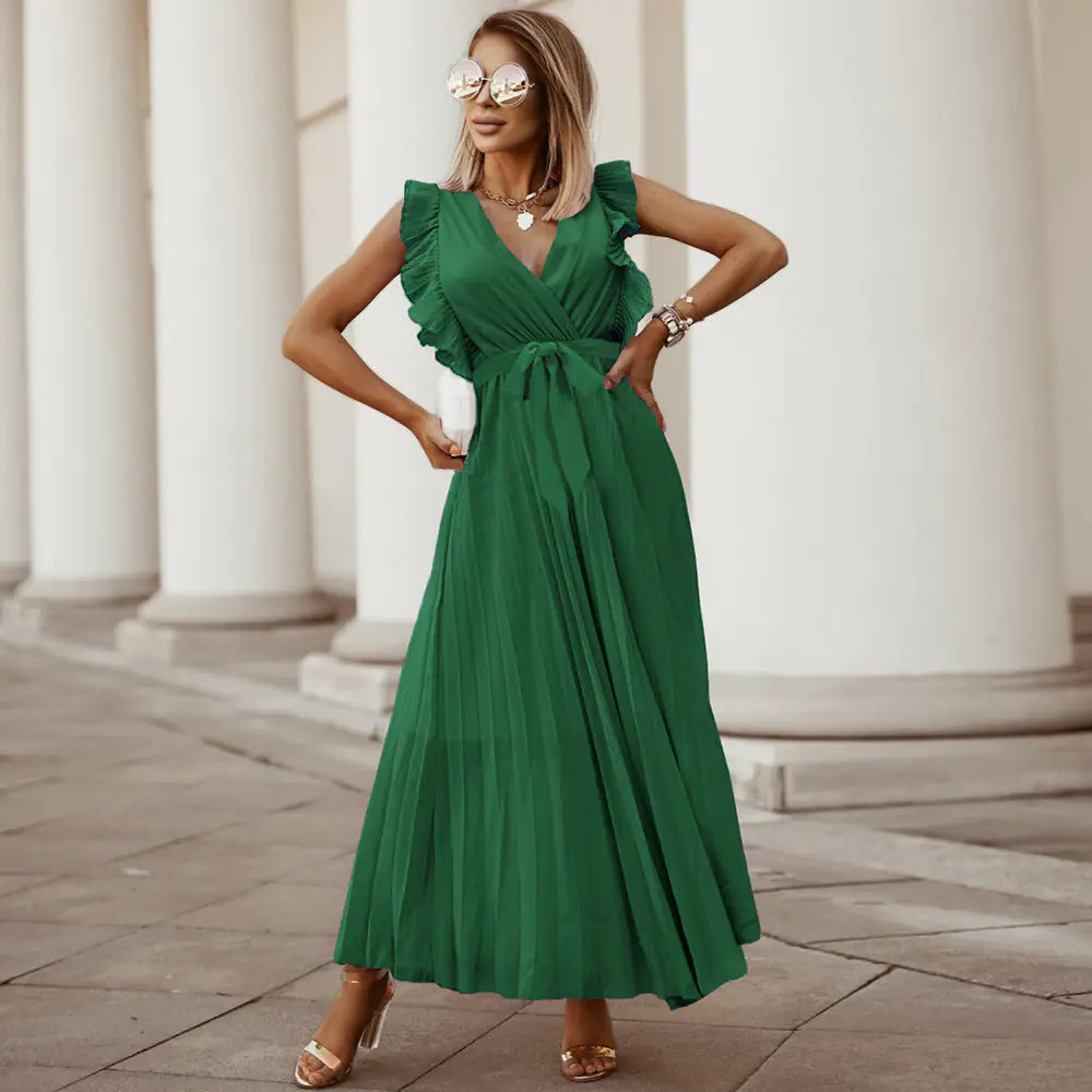 Elegant Slim Draped Pleated Summer Chiffon Dress
