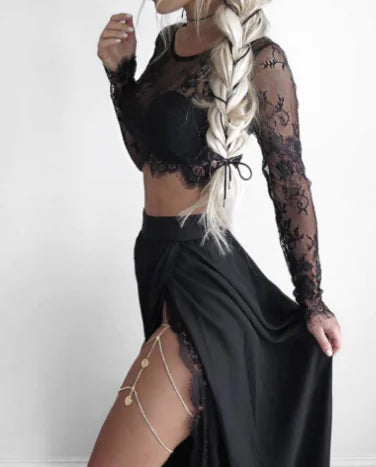 Lace Top and High-Slit Long Skirt Two-Piece Set
