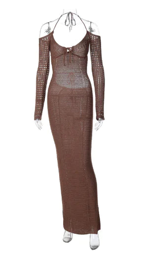 Back Lace-Up Slim Fit Hollow Long Sleeve Dress
