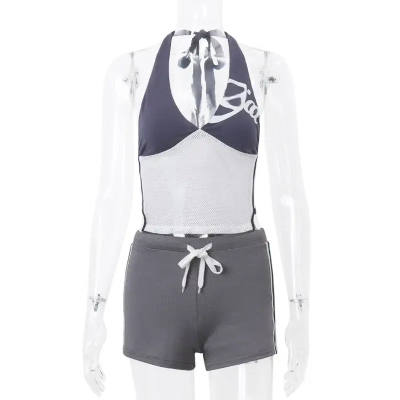 Vintage Shorts Set Halter Neck Crop Tops and Drawstring