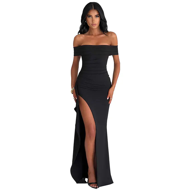 JY23452 Elegant Off-Shoulder Split Long Dress for Fall