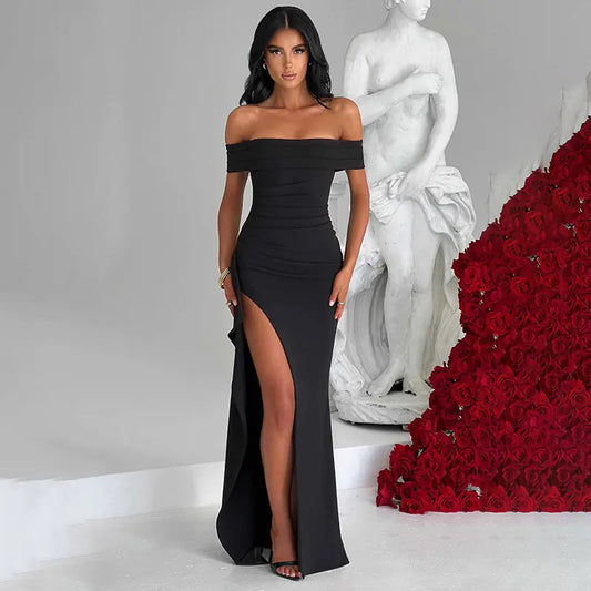 JY23452 Elegant Off-Shoulder Split Long Dress for Fall