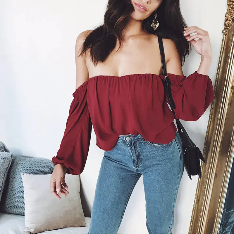 LIVA Off-Shoulder Chiffon Blouse with Lantern Sleeves