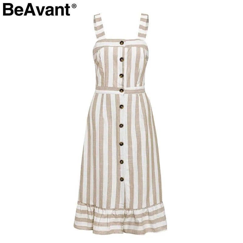 BeAvant Striped Linen Cotton Backless Midi Dress