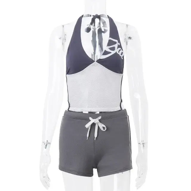 Vintage Shorts Set Halter Neck Crop Tops and Drawstring