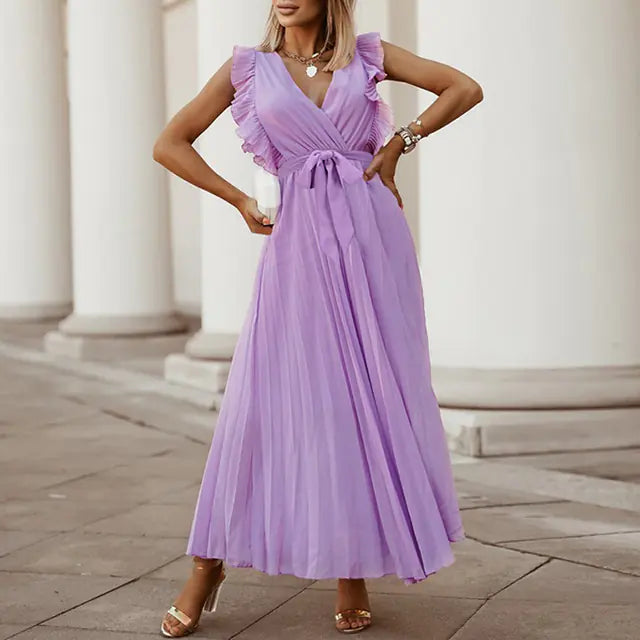 Elegant Slim Draped Pleated Summer Chiffon Dress