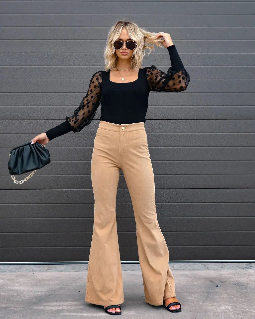 Corduroy Flared Pants Solid Color