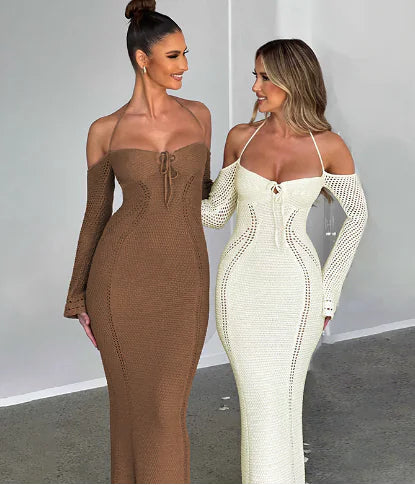 Back Lace-Up Slim Fit Hollow Long Sleeve Dress