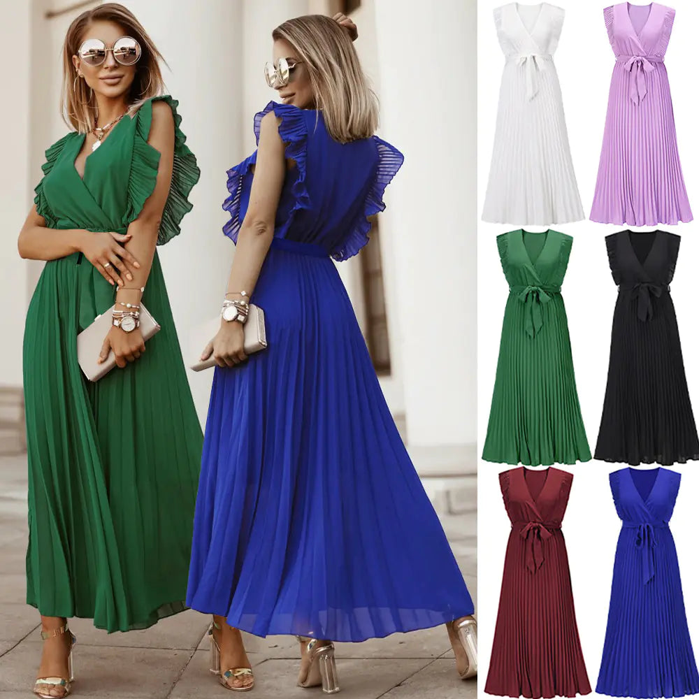 Elegant Slim Draped Pleated Summer Chiffon Dress