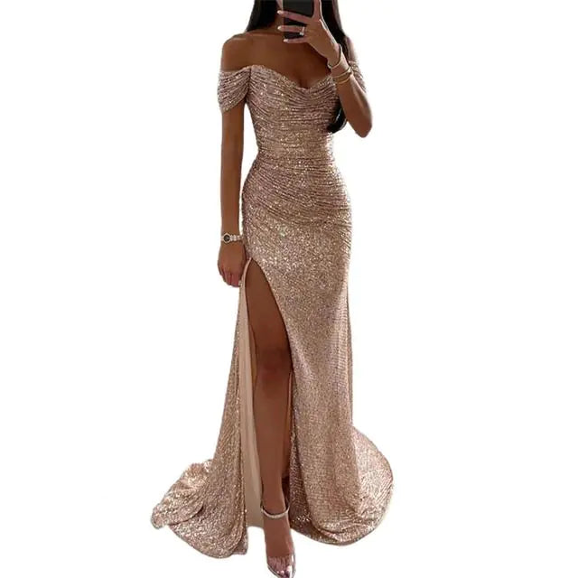 Elegant Off-Shoulder Sequined Maxi Dress for Women