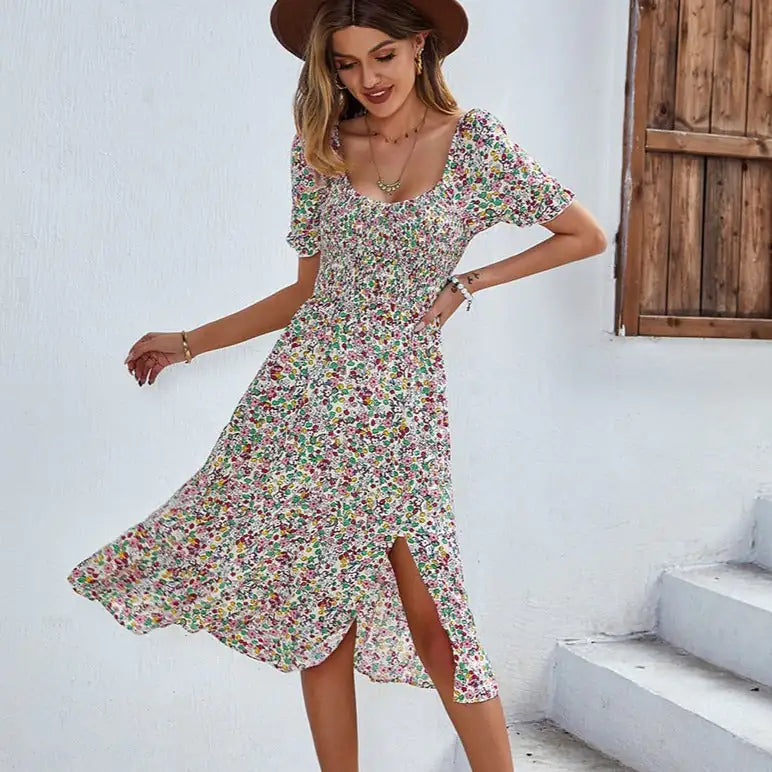 Floral Elegance Smocked Sleeve Mini Dress