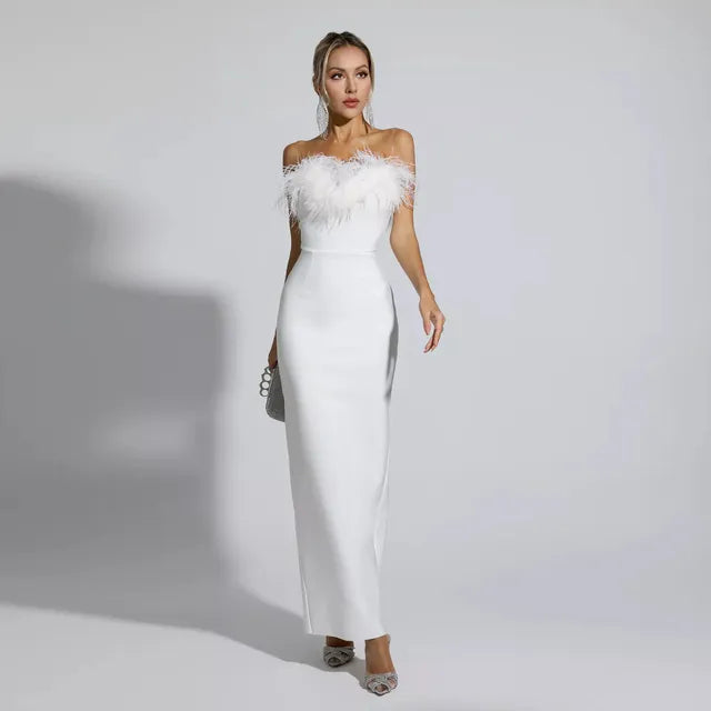 Feather-Trim Sequin Gown