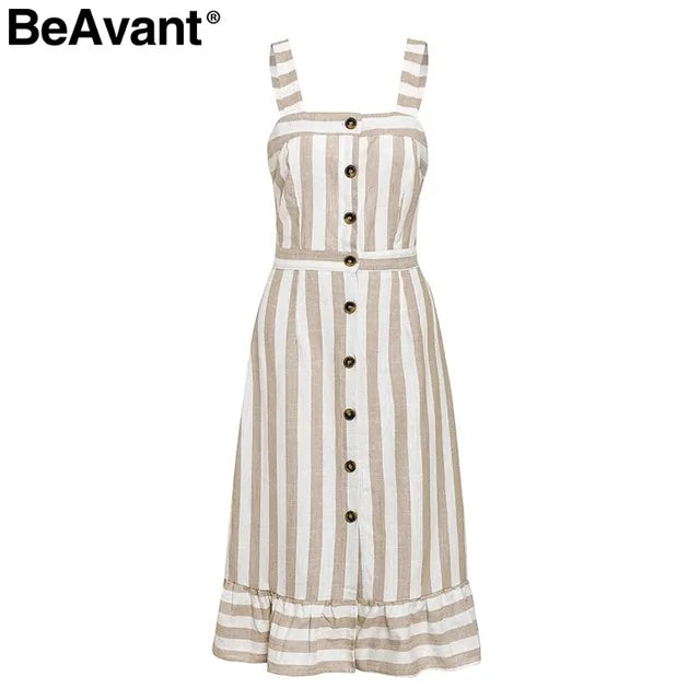 BeAvant Striped Linen Cotton Backless Midi Dress