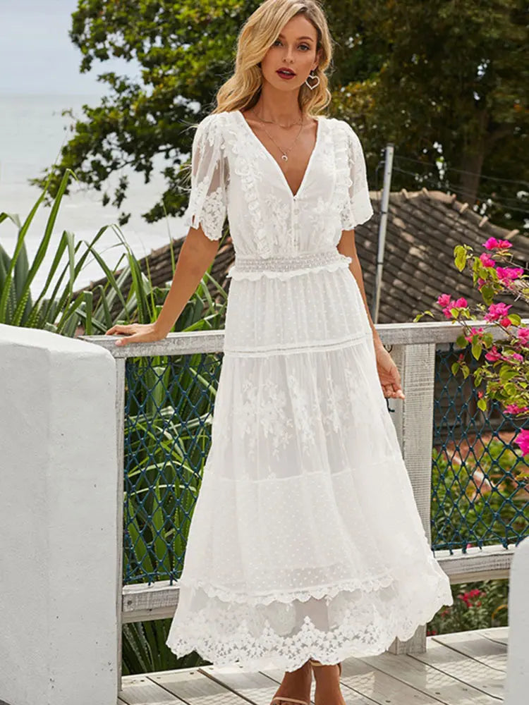 Hollow Out White Dress Sexy Lace Long Dress