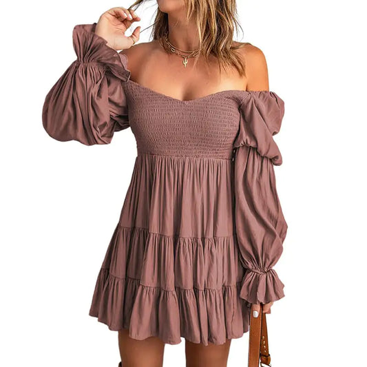 Pure Color Ruffled Square Collar Long Sleeve Dress
