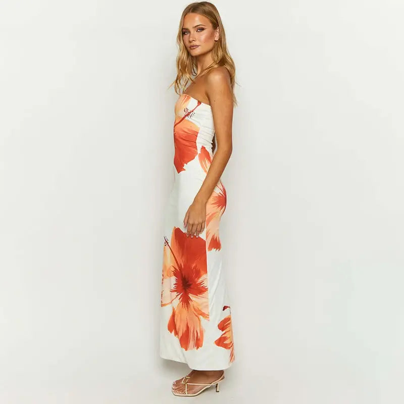 Flower Print Off-Shoulder Beach Dress
