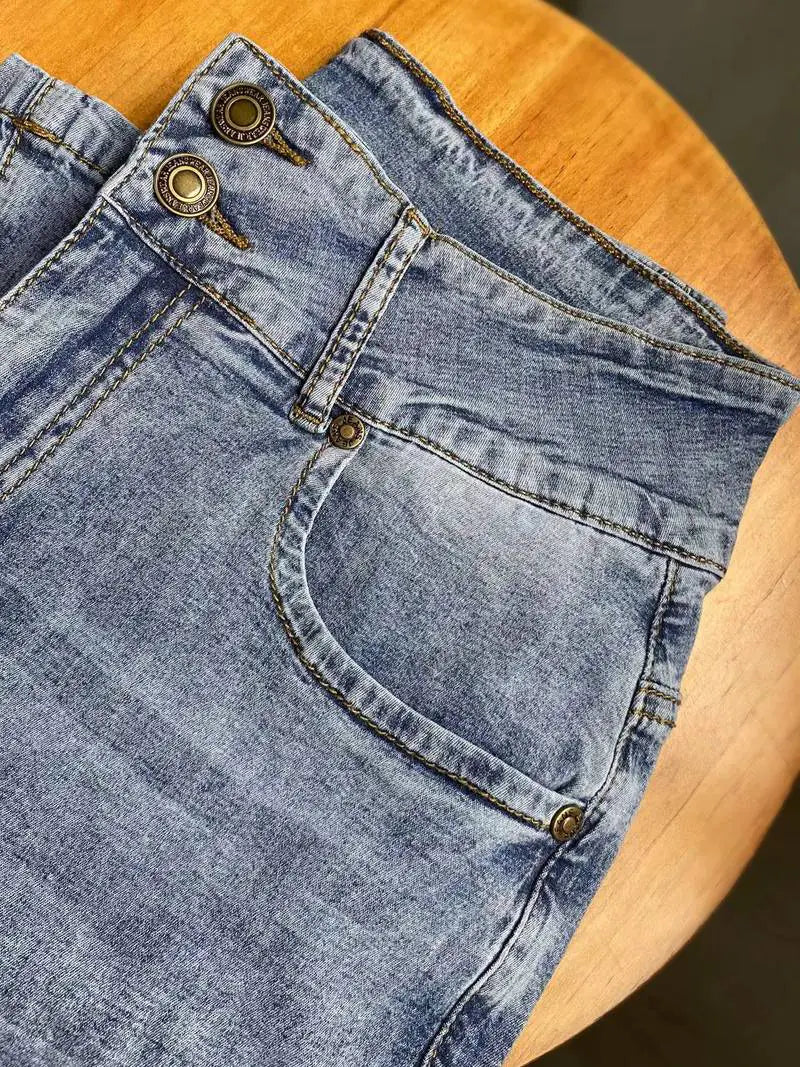 High-Stretch Blue Wide-Leg Denim Pants with Pockets