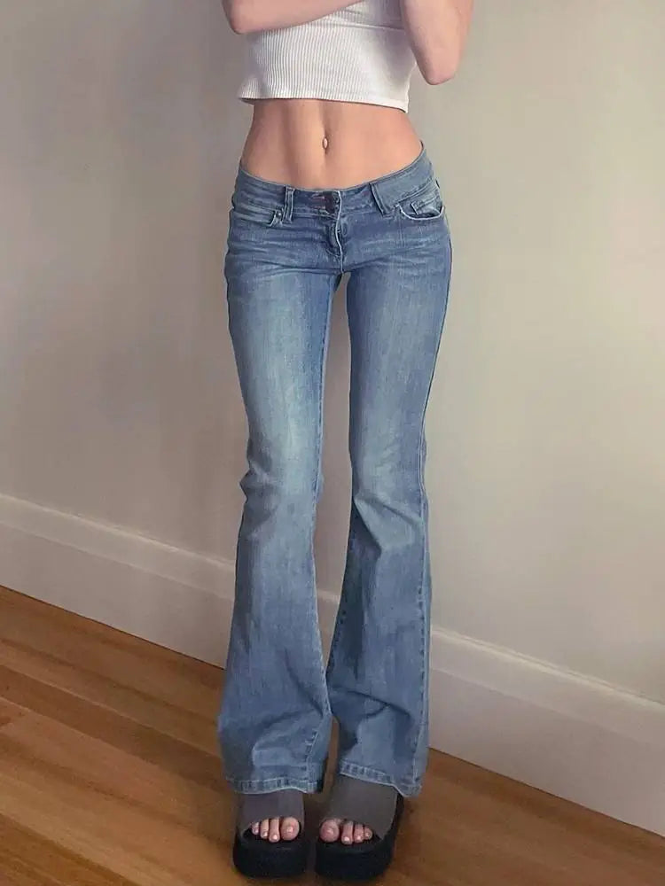 High-Stretch Blue Wide-Leg Denim Pants with Pockets