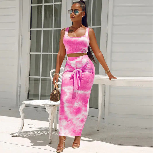 Tie-Dye Crop Top and Bodycon Skirt Two-Piece Set