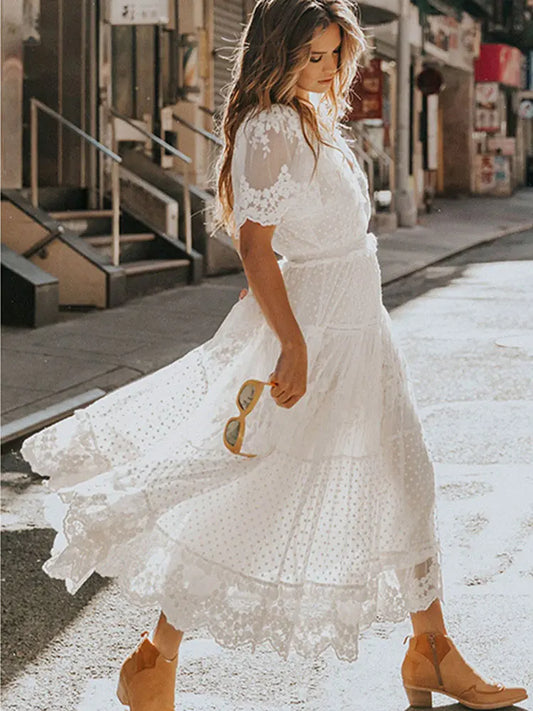 Hollow Out White Dress Sexy Lace Long Dress