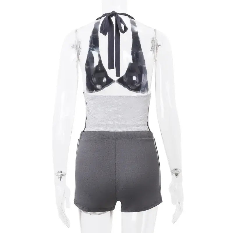 Vintage Shorts Set Halter Neck Crop Tops and Drawstring