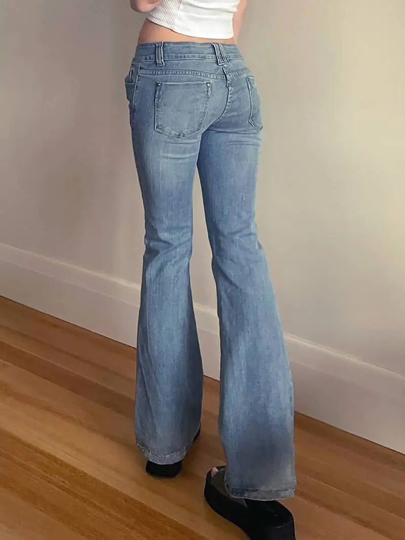 High-Stretch Blue Wide-Leg Denim Pants with Pockets
